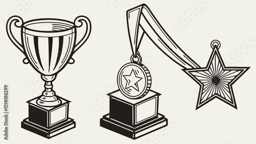 Award Icons Trophy, Medal, and Star for Achievement and Success