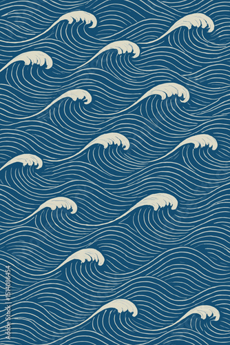 Seamless sea waves pattern, Japanese Ukiyo-e style ocean background. Vintage blue water, white foam crests. Nautical, traditional, repeating vector for textile, wallpaper, fabric design.