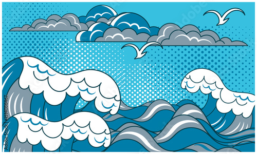 White seagulls fly over stormy sea under thunderclouds. Picture in the style of old Japanese engraving. Blue palette. Vector illustration