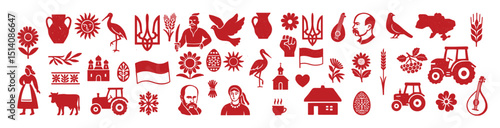 Traditional Ukrainian folk symbols in flat red silhouette style, featuring culture, history, and rural life