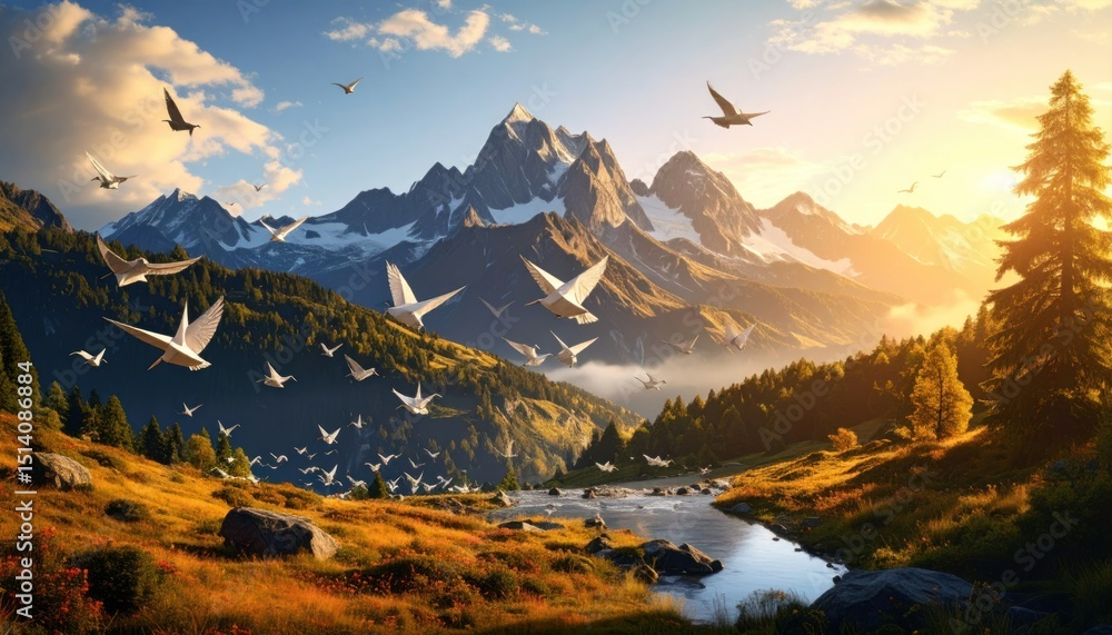 Obraz premium Surreal Sunset Landscape with Migrating Origami Birds over Mountains