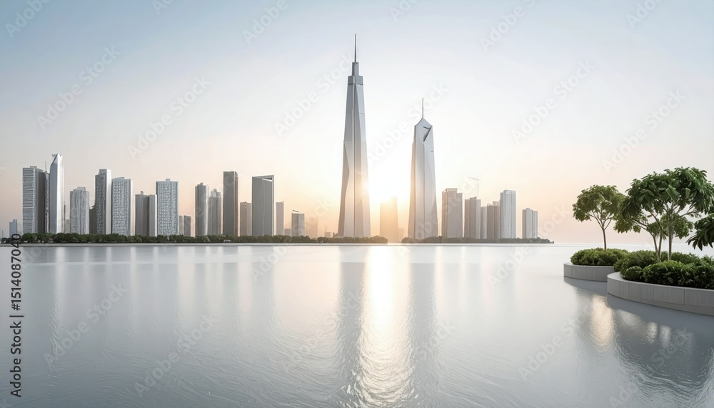 Fototapeta premium Tranquil Sunrise Cityscape with Skyscrapers Reflected in Calm Water