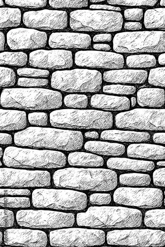 Hand-drawn stone wall sketch texture. Seamless monochrome pattern background. Rustic architectural building material illustration. Black and white vintage stonework for design, print, wallpaper.