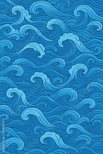 Seamless Ocean Waves Pattern. Stylized Blue Water Current. Traditional Japanese Art Inspired Swirls. Marine Nature Decorative Background. Sea Texture. Abstract Vector Illustration.
