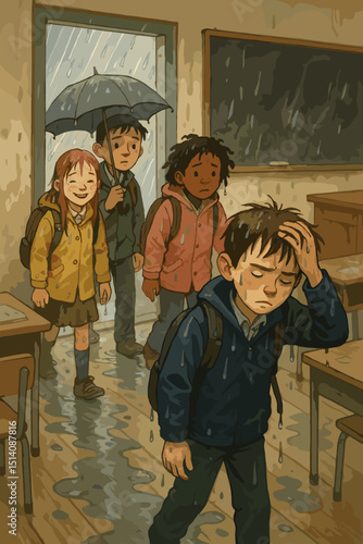 Rainy day school chaos. Classroom disruption. Wet, unhappy students. Children's emotional response to storm. Education challenges. Childhood adversity. Watercolor illustration.