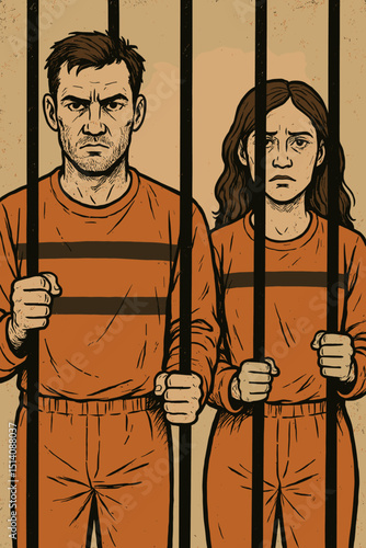 Inmates behind bars. Man and woman prisoners in orange uniforms. Jail cell. Crime and punishment. Justice system. Incarceration concept. Custody. Guilt, despair. Conviction. Vector.