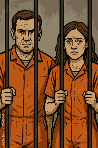 Inmates in custody, man and woman prisoners wearing orange jumpsuits behind jail bars. Somber illustration depicting incarceration, justice system, crime, punishment, and loss of freedom. Vector art.