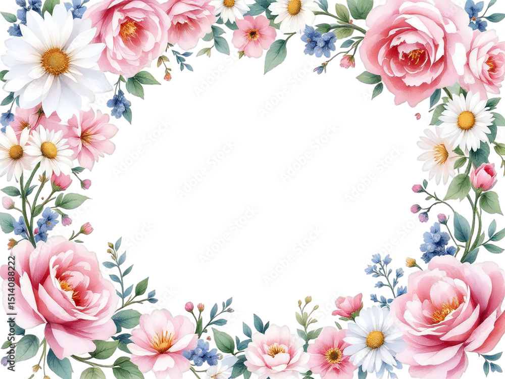 Floral frame with pink roses white daisies and blue forget me nots surrounding a black background Floral frame with pink roses white daisies and blue forget me nots surrounding a black background