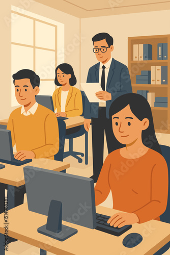 Office workers computers. Manager supervising team. Modern workplace. Corporate collaboration. Professional development. Business training. Teamwork concept. Flat design illustration. Office life.