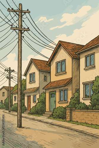 Charming hand-drawn illustration of a suburban neighborhood street with houses, electric poles, and overhead power lines. Vintage comic art style, quiet residential area, nostalgic Americana.