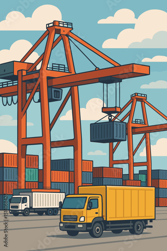 Busy port logistics scene. Gantry crane lifting shipping container, trucks awaiting cargo. Freight terminal, global supply chain, maritime transport, and international trade operations concept.