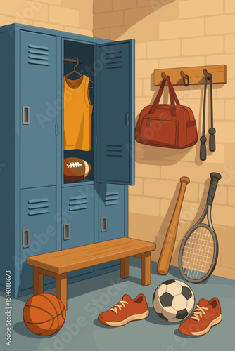 Athletic locker room scene with sports essentials. Basketball, soccer, football, tennis racket, baseball bat, gym bag, sneakers, jersey. School sports, fitness training, active lifestyle illustration.