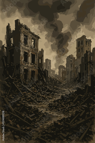 War-torn cityscape, ruined buildings, urban destruction aftermath. Bombed city street with rubble, debris, and smoke. Apocalyptic devastation. Historical conflict illustration, vintage sketch.