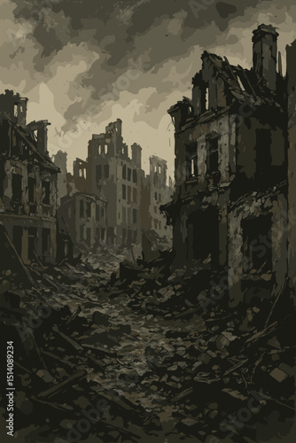War-torn cityscape sketch depicting desolate urban ruins and bombed buildings. Somber illustration of destruction, aftermath of conflict, apocalyptic rubble, and historical devastation.