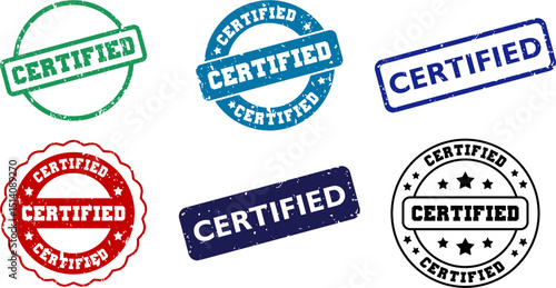 Certified Rubber Stamp Vector Icons – Official Approval, Verified Seal, Quality Mark, Business Certification
