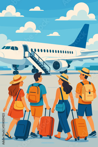 Summer vacation travel concept. Group of young happy tourists, friends or couples, with suitcases and backpacks boarding an airplane at the airport. Flight departure, journey scene vector.