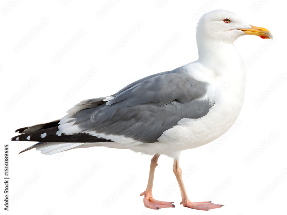 A standing seagull with white and gray feathers and a yellow beak isolated on a black background A standing seagull with white and gray feathers and a yellow beak isolated on a black background