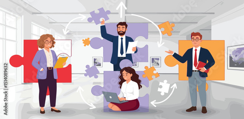 Business Teamwork Concept. Vector illustration in flat style of a group of diverse people in business suits putting together pieces of a puzzle. 