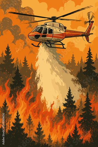 Helicopter firefighting mission. Aerial view of brave chopper dropping water on raging forest fire. Emergency response to wildfire disaster. Smoke, flames, trees. Retro illustration style.