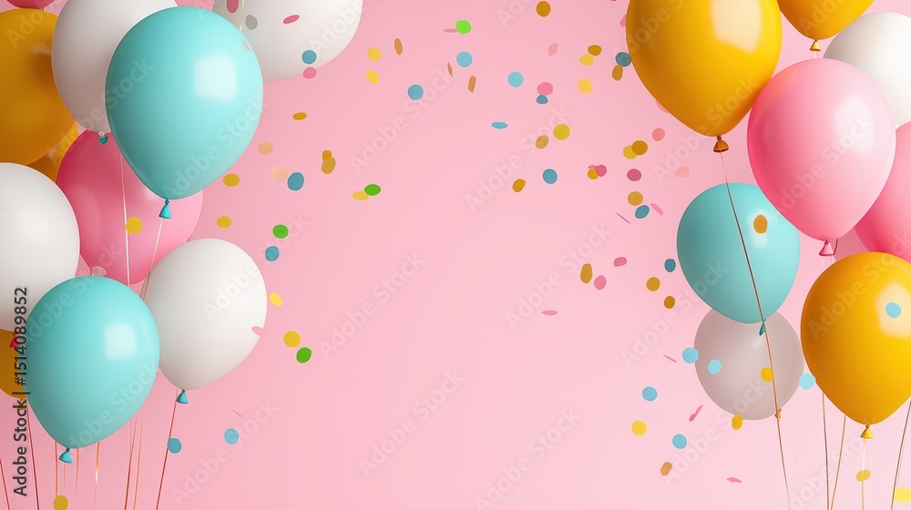 Colorful balloons and confetti on pink background create a festive and joyful atmosphere for celebrations Colorful balloons and confetti on pink background create a festive and joyful atmosphere for celebrations