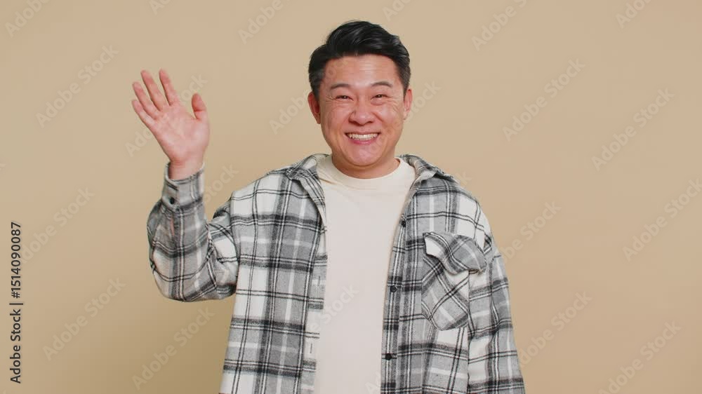 Happy Asian man smiling friendly at camera, waving hands gesturing hello greeting or goodbye welcoming with invitation hospitable expression. Handsome Chinese guy isolated on beige studio background Happy Asian man smiling friendly at camera, waving hands gesturing hello greeting or goodbye welcoming with invitation hospitable expression. Handsome Chinese guy isolated on beige studio background