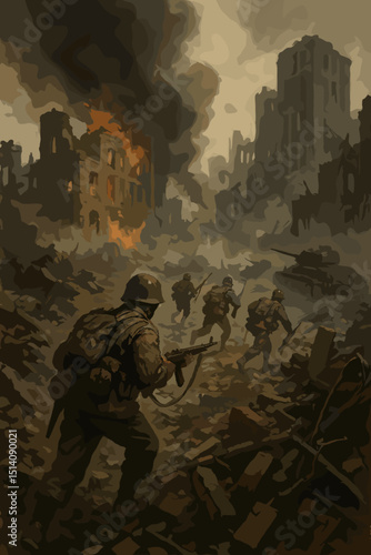 Dramatic war scene illustration: Soldiers advance through a city under siege, amidst burning buildings, smoke, and rubble. Urban combat concept of historical warfare, destruction, and conflict.