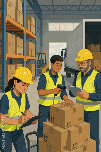 Warehouse operations: workers inspecting cargo. Inventory control with barcode scanner, tablet. Supply chain logistics, goods management, shipping, delivery. Teamwork, distribution center.