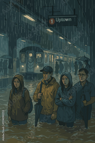 Flooded subway station chaos. People wait in rising water as rain pours indoors. Urban disaster scene. Climate change impact. Public transport crisis. Commuters stranded. Uptown train.