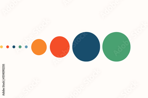 Modern flat design with textured colorful circles. Dots arranged in a sequence of increasing size. Abstract geometric progression concept. Ideal for infographics, data visualization, growth charts.