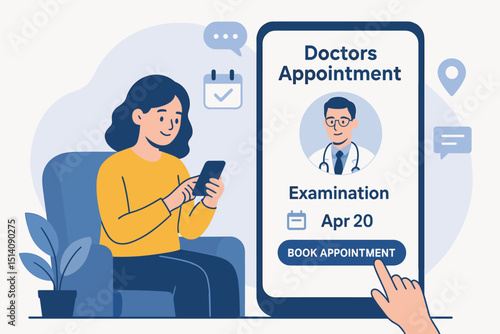 Online doctor appointment booking on mobile app. Woman scheduling medical examination via smartphone. Telemedicine, virtual consultation, and modern healthcare technology concept vector.