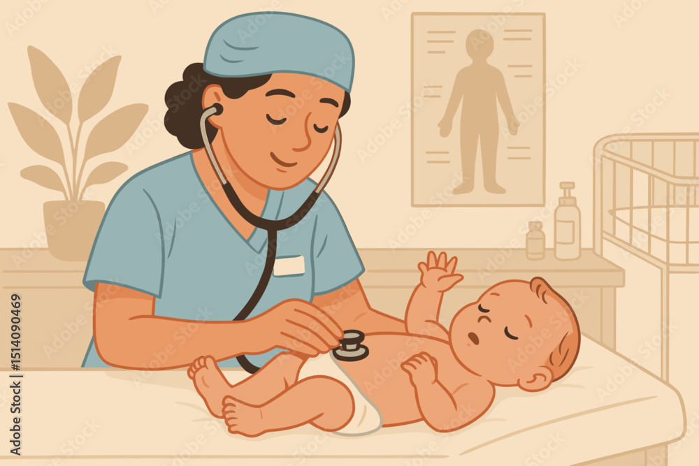Pediatrician. Newborn baby medical examination. Doctor nurse with stethoscope. Infant healthcare. Clinic checkup. Pediatrics. Child health. Professional care. Caring. Vector illustration.