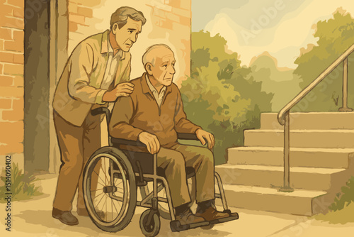 Watercolor illustration: Senior disabled man in wheelchair with caregiver facing inaccessible stairs. Accessibility challenges, elderly care, mobility impairment, support, home assistance.