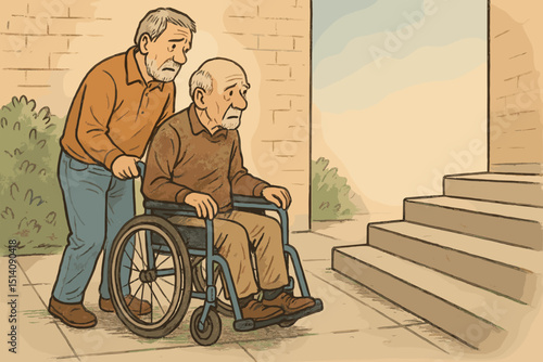 Elderly disabled man in wheelchair with caregiver confronts stairs, an accessibility issue. Senior care, mobility challenge, physical barrier, support, healthcare for aged, assisted living concept.