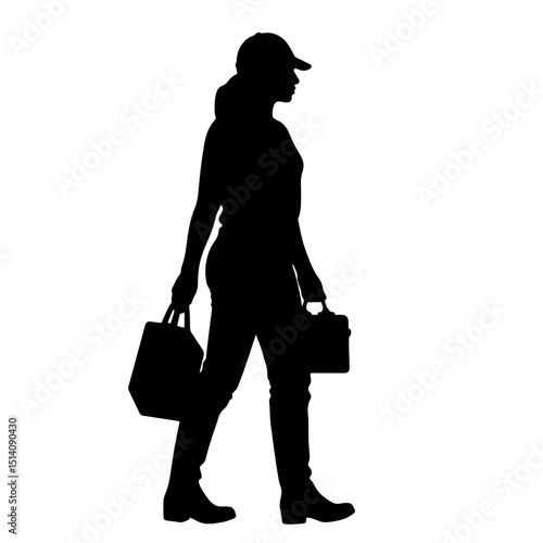 Silhouette of a woman carrying tools and a bag walking confidently against a plain white background, construction concept of renovation or home improvement