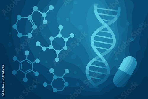 Molecular drug research, pharmaceutical innovation, genetic medicine development, biotechnology science background with DNA helix, chemical structures, and medication capsule.