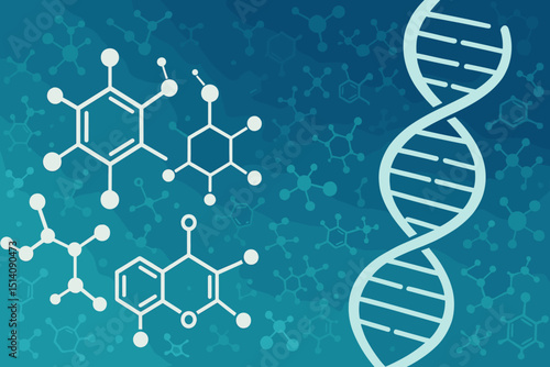 Molecular drug research innovation with DNA helix and chemical compound structures. Scientific biotechnology concept for pharmaceutical development and genetic medicine advancement.