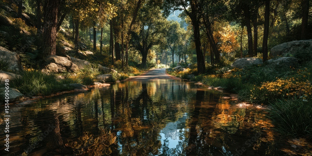 Tranquil forest pathway alongside a serene river reflecting autumn foliage in a peaceful setting Tranquil forest pathway alongside a serene river reflecting autumn foliage in a peaceful setting