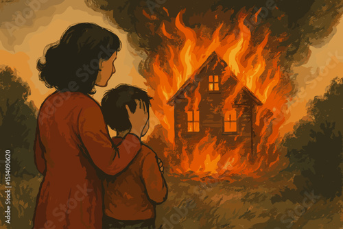 Mother comforts son watching house burn. Family tragedy. Home fire disaster. Concept of loss, destruction, displacement. Grief, trauma, despair. Insurance, emergency. Support in crisis. Vector art.