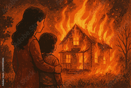 Mother and child watch house burn in tragic blaze. Helpless family witnesses inferno. Concept of disaster, loss, destruction, emergency, grief, displacement. Homeowner insurance claim art.