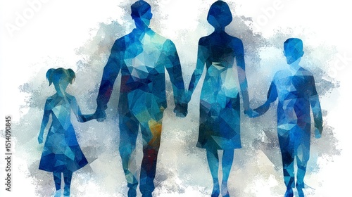 Abstract Family Silhouette in Blue Geometric Artwork for Unity and Togetherness