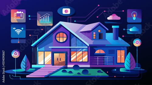 A sleek smart home interface glows on a touchscreen, controlling lights, temperature, and security with a tap, reflecting convenience, automation, modern lifestyle, and connected living spaces.

