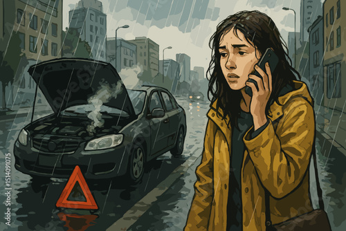 Car breakdown in rain. Worried young woman on phone seeking help. Stranded in city with broken car, warning triangle. Vehicle problems, emergency roadside assistance concept.
