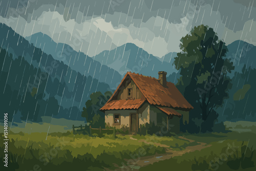 Rainy mountain retreat illustration, cozy cabin in stormy weather, scenic landscape digital painting, atmospheric downpour in nature, peaceful rural home, serene bad weather vista.
