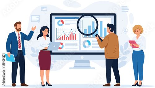 Business Data Analytics Concept. Vector illustration in flat style of a large monitor with tabs displaying graphs, chats, and a group of people looking at them.