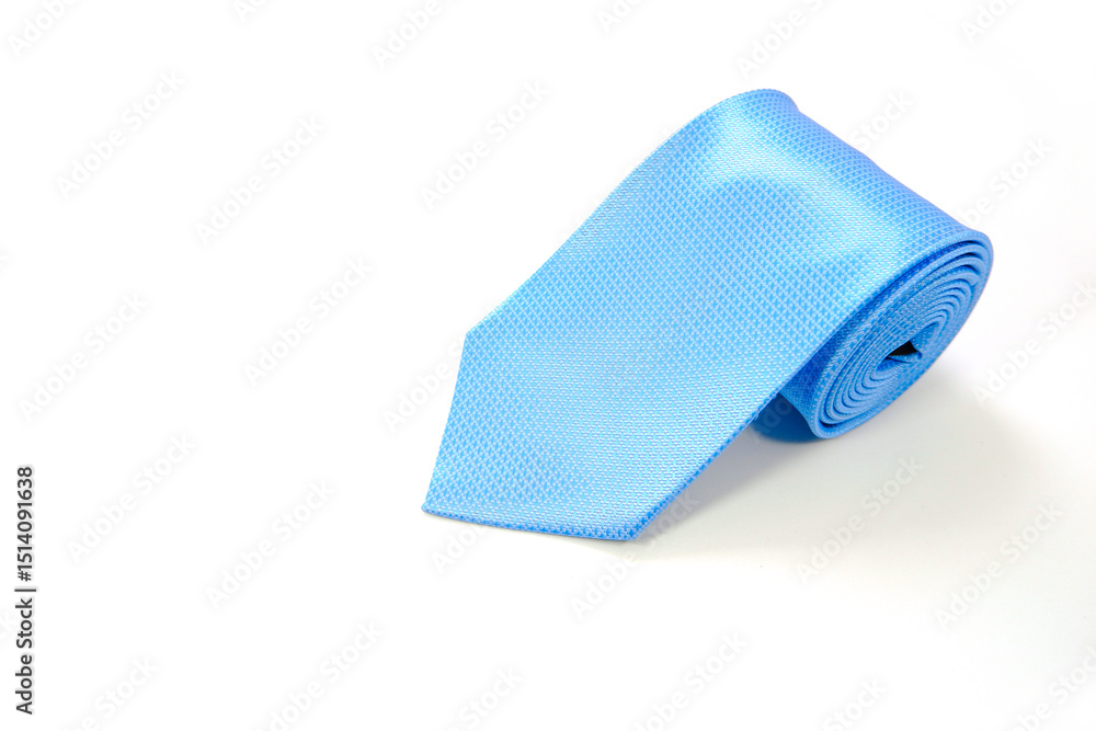 Fototapeta premium A blue tie rolled on white background closeup shot 