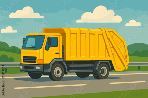 Yellow garbage truck vector illustration on highway. Waste management, recycling services, and environmental sanitation concept. Commercial refuse collection vehicle driving on road.