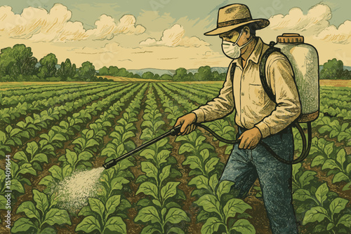 Farmer spraying pesticides on agricultural crop field. Man with mask and backpack sprayer applying insecticide or herbicide. Cultivation, farming, pest control, plant protection. Vintage illustration.