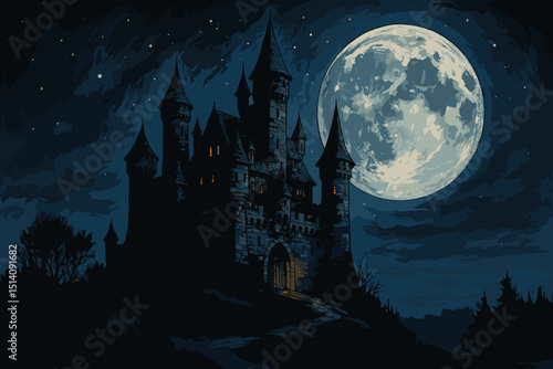 Night landscape with medieval castle silhouette, big full moon, stars. Fantasy gothic fortress illustration, spooky ancient architecture, mysterious dark forest. Enchanted fairytale scene.