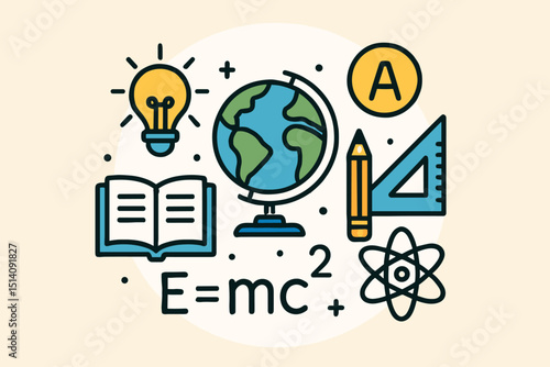 Educational icons vector set for science and physics learning. Features E=mc² formula, globe, open book, lightbulb idea, atom, pencil, ruler. Knowledge, study, research, discovery, school, university.