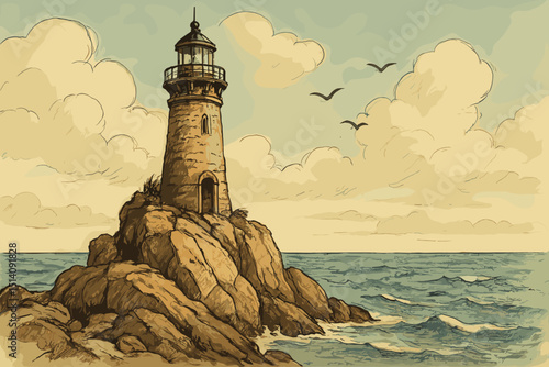 Vintage lighthouse drawing on cliff by the sea. Old nautical beacon sketch, coastal landscape illustration. Maritime navigation tower, retro hand-drawn art with ocean waves, clouds, seagulls.